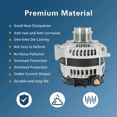 High Output 170 Amp 12V Alternator Replacement For 2014 To 2018 Chevy Silverado 1500 And GMC Sierra 1500 Plus 2015 To 2020 Suburban Tahoe Yukon Cadillac Escalade 4.3L 5.3L 6.2L Replaces 84143540 And 22949467 shown with cooling fins and features list on blue background
