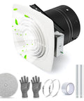 Beefy 8 Inch Bathroom Exhaust Fan With 200 CFM White Vertical Discharge Ceiling Ventilation Fan with accessories and green leaves design.