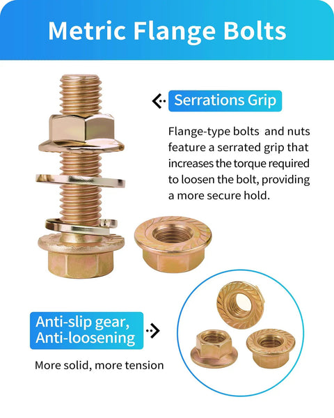 All Purpose Grade Eight Point Eight Flange Bolts And Nuts Set M5 M6 M8 With Yellow Zinc Plating showing serrated grip and anti-slip gear.