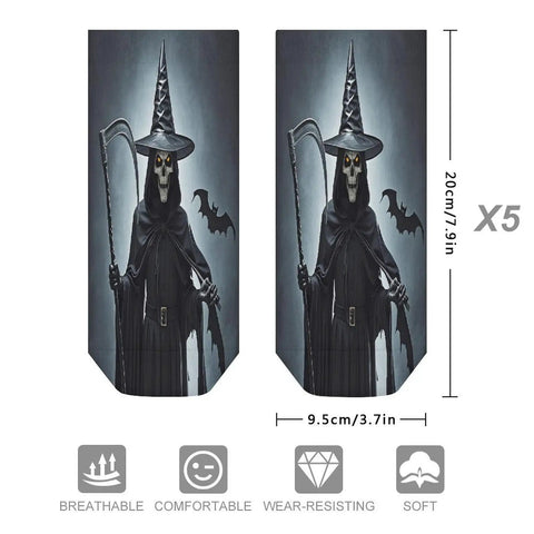 Socks with Halloween design featuring a witch and bat illustration, size 9.5x20cm, breathable and comfortable material, 5 pairs