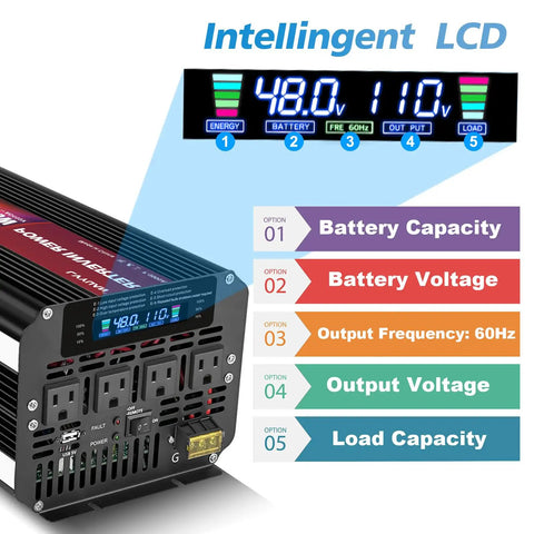 Heavy Duty 5000W Power Inverter Converts 48V To 120V Ac For Rv Truck And Solar Rig With Four Wall Plugs LCD panel display.