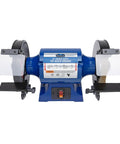 Eight Inch Heavy Duty Bench Grinder Workhorse Gutsy One Horsepower Motor Spinning At Three Thousand Four Hundred Fifty Rpm.