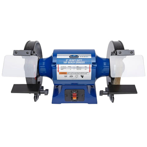 Eight Inch Heavy Duty Bench Grinder Workhorse Gutsy One Horsepower Motor Spinning At Three Thousand Four Hundred Fifty Rpm.