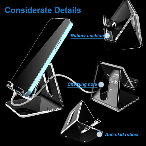 Crystal Clear Acrylic Phone Stand For Desk with charging hole and rubber cushion detail, fits 4 to 8 inch devices, angled view.