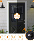 Outdoor Gooseneck Barn Light With Dusk To Dawn Sensor Matte Black Exterior Wall Mount Fixture shown on porch day and night