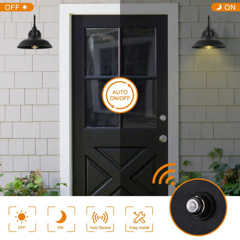 Outdoor Gooseneck Barn Light With Dusk To Dawn Sensor Matte Black Exterior Wall Mount Fixture shown on porch day and night