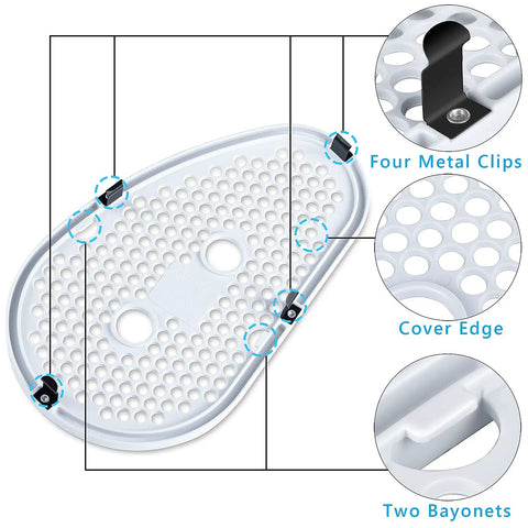 Diagram of Direct Replacement Lint Filter Screen And Case Cover W10828351 for Stackable Washer And Dryer showing clips and bayonets.
