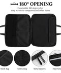 Vintage Scuba Inspired Laptop Tote Bag showing 180-degree opening, mesh bag, soft lining, metal zippers, and flip pocket