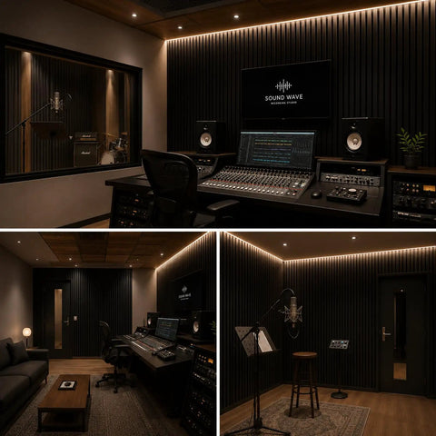 Premium Acoustic Foam Panels 4 Pack 48 By 24 By 2 Inch High Density Soundproof Wall Tiles in modern recording studio.