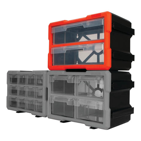 Two Drawer Interlocking Storage Bin System With Transparent Drawers For Easy Tool Storage, Stackable Or Wall Mountable