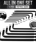 13 Piece Hex Key Allen Wrench Set Metric Sizes 1.27 to 10 MM Ball End Long Arm Chrome Vanadium Steel on display