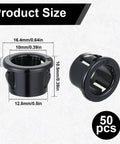50 Pack Black Snap Bushing for Half Inch Knockouts, dimensions and measurements visible, snap in plastic cable grommets