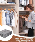 Heavy Duty Linen Bed Sheet Storage Organizer For Closet With Folded Blanket Pockets And Oversized Comforter Rack To Keep Your Sheets Slick and neatly stored with clothes in a closet.