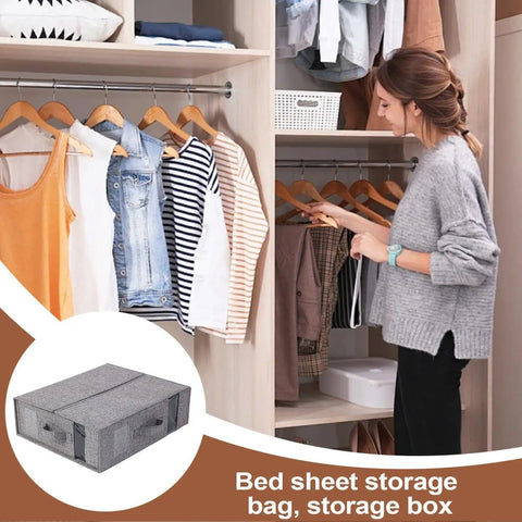 Heavy Duty Linen Bed Sheet Storage Organizer For Closet With Folded Blanket Pockets And Oversized Comforter Rack To Keep Your Sheets Slick and neatly stored with clothes in a closet.