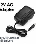 Slick 12 Volt AC Adapter For Cordless Drill Driver Featuring Plug And Play Design, compact black power charger with cable.