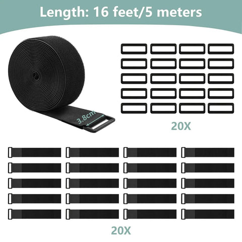 1.5 Inch Wide Cinch Straps 16 Foot Heavy Duty Nylon Cable Ties With 20 Buckles For Custom Lengths And Easy Organization