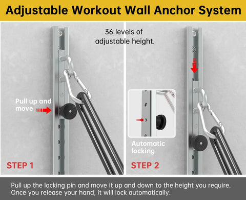 Adjustable Resistance Band Wall Anchor With Auto Locking Mechanism, Forty Inch Built Different Mount System, showing height adjustment steps.
