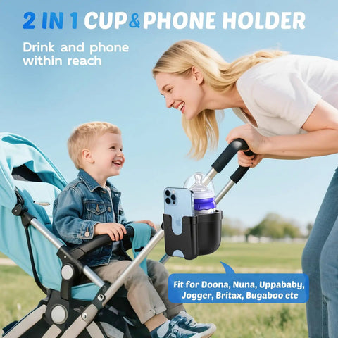 Two Pack Cup Holder Attachment For Strollers Walkers Wheelchairs And Bikes And Scooters With Built In Phone Holder shown on stroller handle.