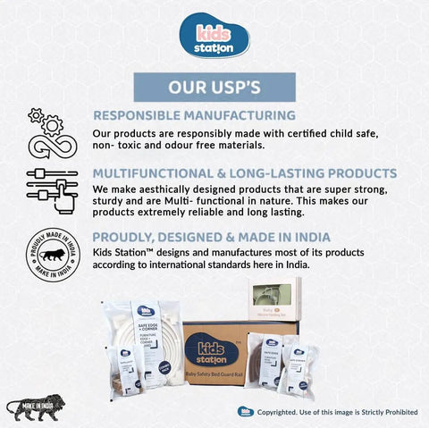 Kids Station USP overview with baby safety products display in front, highlighting responsible manufacturing and multifunctional design.