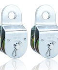 Badass Heavy Duty Two Pack One Point Five Inch Steel Double Pulleys Rated Solid For 400 Lbs Zinc Coated side view of pulleys