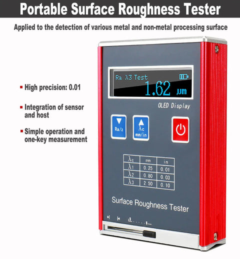 Portable Surface Roughness Tester Meter showing OLED display and aluminum casing for accurate Ra Rz Rq Rt measurement.