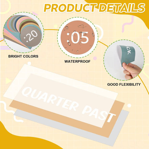 Product details of Boho Rainbow Clock Numbers Bulletin Board Kit with colorful, waterproof, flexible time labels.