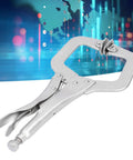 Heavy Duty C Clamp Locking Pliers With Adjustable Jaw For Welding And Grinding Projects Made From Tough 55# Steel With Sandblasted Finish, close-up view.