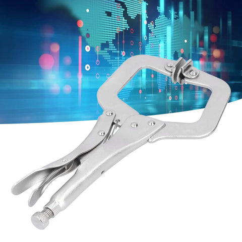 Heavy Duty C Clamp Locking Pliers With Adjustable Jaw For Welding And Grinding Projects Made From Tough 55# Steel With Sandblasted Finish, close-up view.