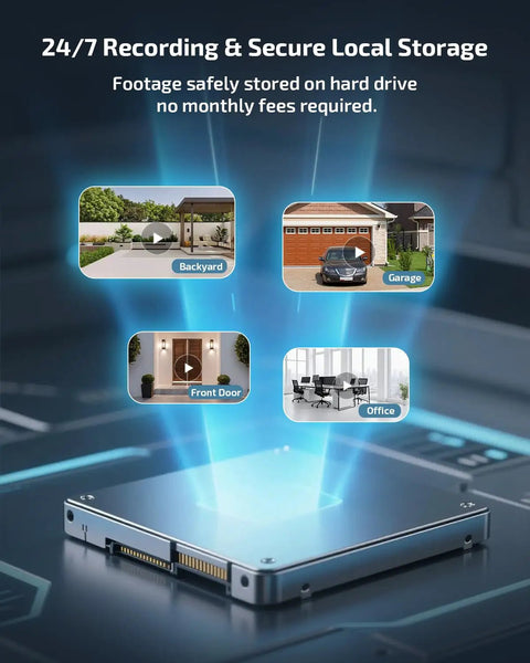 4K Ultra HD Auto Tracking Wired Security Camera System With Outdoor PoE PTZ Cameras Dual Lens Surveillance Kit, DVR storage illustration