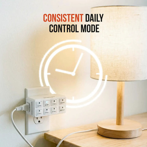 TimerMax Indoor Countdown Timer With One Outlet Six Handy Presets Like 15 Min 30 Min 1 Hr 2 Hr 4 Hr 6 Hr Auto Repeat Each Day Manual On Off Auto Shut Off Great For Daily Routines connected to a lamp on a table