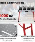 Portable Welding Table 42 By 21 Inches Folding Height Adjustable Top With Beefy 1000 Lbs Capacity shown with kettlebells