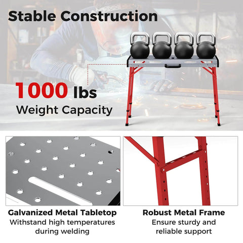 Portable Welding Table 42 By 21 Inches Folding Height Adjustable Top With Beefy 1000 Lbs Capacity shown with kettlebells