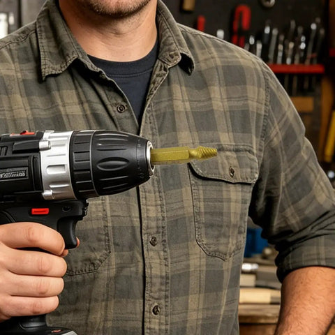 Man using drill with Six Piece Screw Extractor Drill Bit Set for Stripped and Broken Screws, Pro Grade Kit in workshop