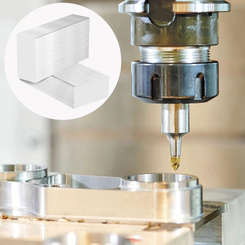 MUKLEI aluminum bar stock, two 4x2x1 in blocks, 6061 aluminum; milling spindle with workpiece.