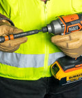 Person holding a tool with a ratcheting impact rated hollow power nut driver set with handle, magnetic and color coded, 9/16 inch size.
