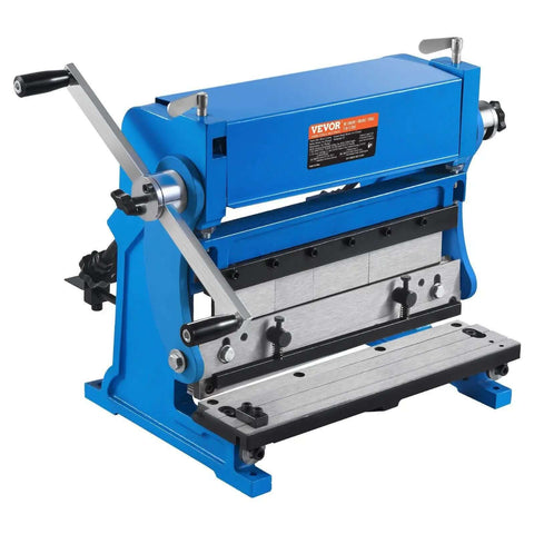 12 Inch 3 In 1 Sheet Metal Brake Shear Roll Machine With 90 Degree Bend For 20 Gauge Metal, blue tool front view