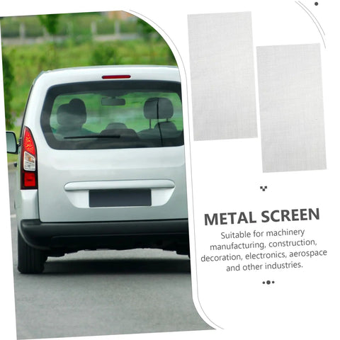 2 Pack Stainless Steel Mesh Repair Screen For Car Bumpers And Plastic Cracks Holes Quick Weld Patch Mesh For A Fast Easy Auto Body Bumper Repair And Lasting Fixes with a car rear view and mesh close-up.