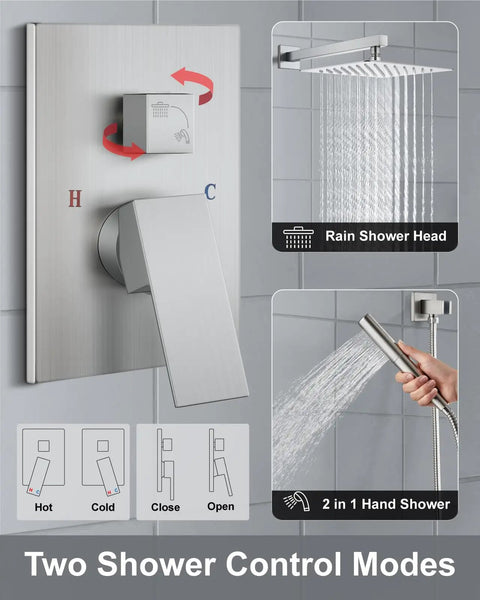 High Pressure Shower System With 2 In 1 Handheld Sprayer Wall Mounted Fixture Rough In Valve 10 Inch Brushed Nickel Shower Head Rain and Handheld Combo 304 Stainless Steel Construction showing control modes and water flow