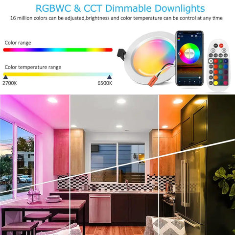 6-Inch Smart LED Recessed Downlights 15W RGBCW 2700K-6500K Multicolor, App And Remote Control shown with color options