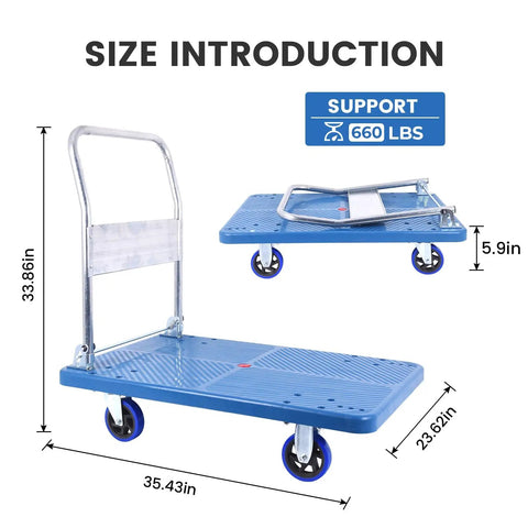 Heavy Duty Foldable Push Cart Dolly, 660 Lbs Moving Platform Truck dimensions with swivel wheels and foldable handle.