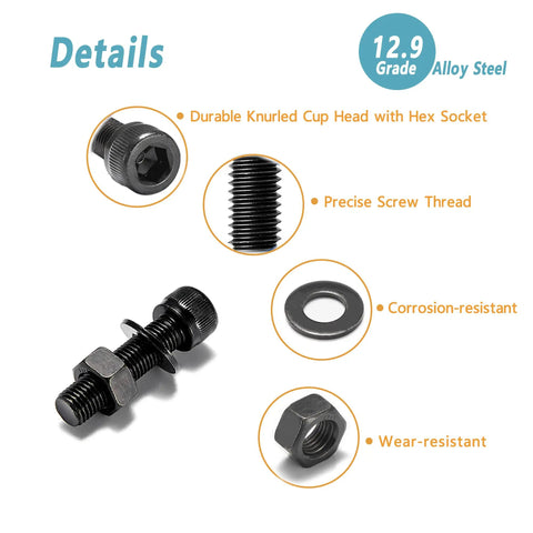 M2 M3 M4 Screw And Nut Kit With Heavy Duty Washers, Grade 12.9 Alloy Steel, Hex Socket Head bolts in focus with details