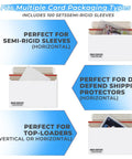 100 Pack Card Mailer Envelopes With Semi-Rigid Holders For Sleeved Or Toploaded Trading Cards, showing usage examples.
