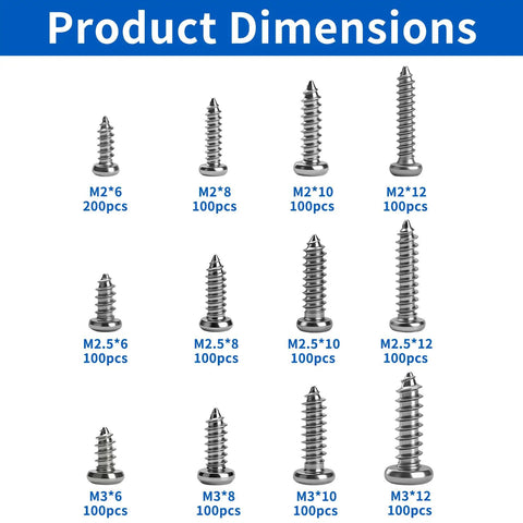 Product dimensions of Must-Have All-In-One 1300 Pcs Wood Screws Kit With M2 M2.5 And M3 Self Tapping Phillips Pan Head Screws