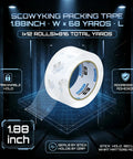 Heavy Duty Packing Tape Refills 12 Pack, 2.7 Mil Clear Packaging Tape, 1.88 Inch By 68 Yards with text details.