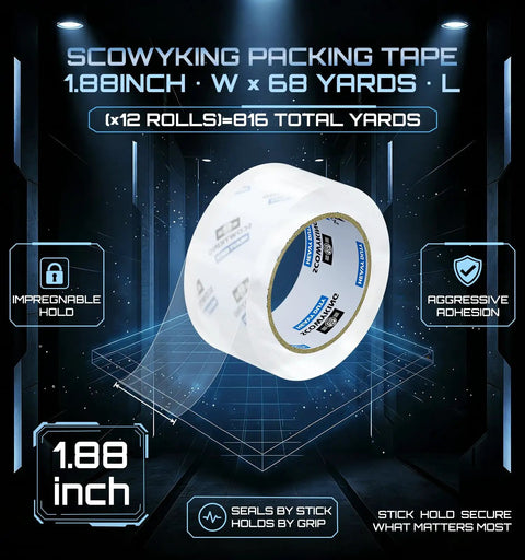 Heavy Duty Packing Tape Refills 12 Pack, 2.7 Mil Clear Packaging Tape, 1.88 Inch By 68 Yards with text details.