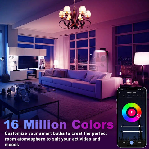 Living room with Color Changing Smart A15 LED Bulb, dimmable WiFi control via smartphone, vibrant colors, E26 base