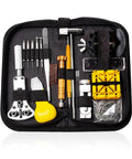 Kickass Heavy Duty Eight Piece Watch Repair Tool Kit Featuring Link Pin Remover Case Opener And Battery Replacement Tools for quick fixes, with steel tools and a zippered case.