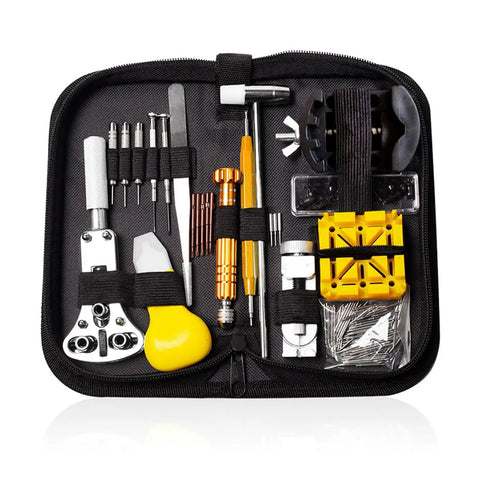 Badass Eight Piece Watch Repair Tool Kit Featuring Legit Link Pin Remover And Rock Hard Case Opener For Zero Hassle Strap Adjustments Plus Sharp Battery Swaps And Fresh Diy Wristwatch Fixes in a compact black case.