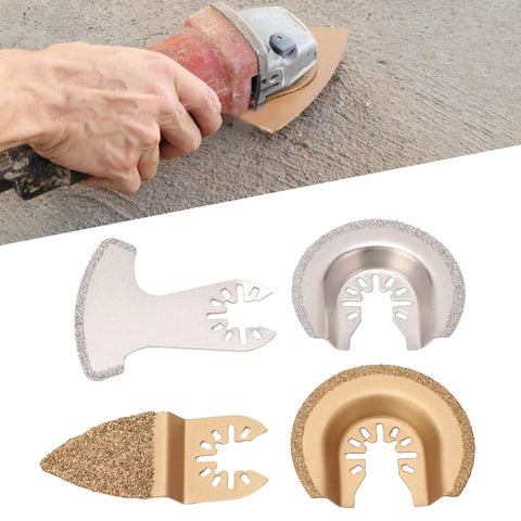 4 Piece Oscillating Saw Blades Multi Tool Kit with Semi Circle Finger Segment Blades High Grit Carbide Quick Release shown on tool