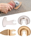 Four Pack Semi Circle Finger Segment Oscillating Saw Blades For Grout, Ceramics, And Masonry with multitool in use.